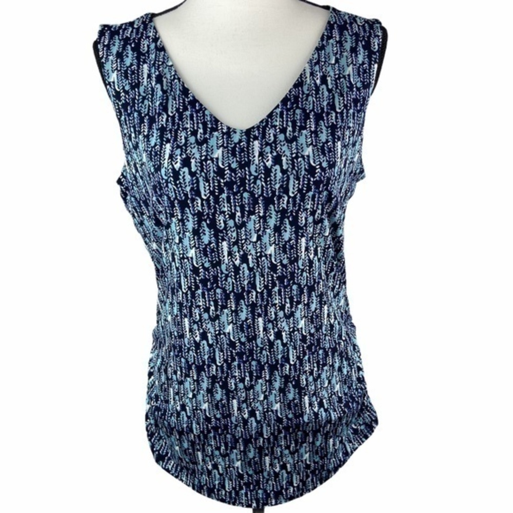 Simply Styled Tank Top with‎ Side Shirring V Neck Blouse Blue and White Print